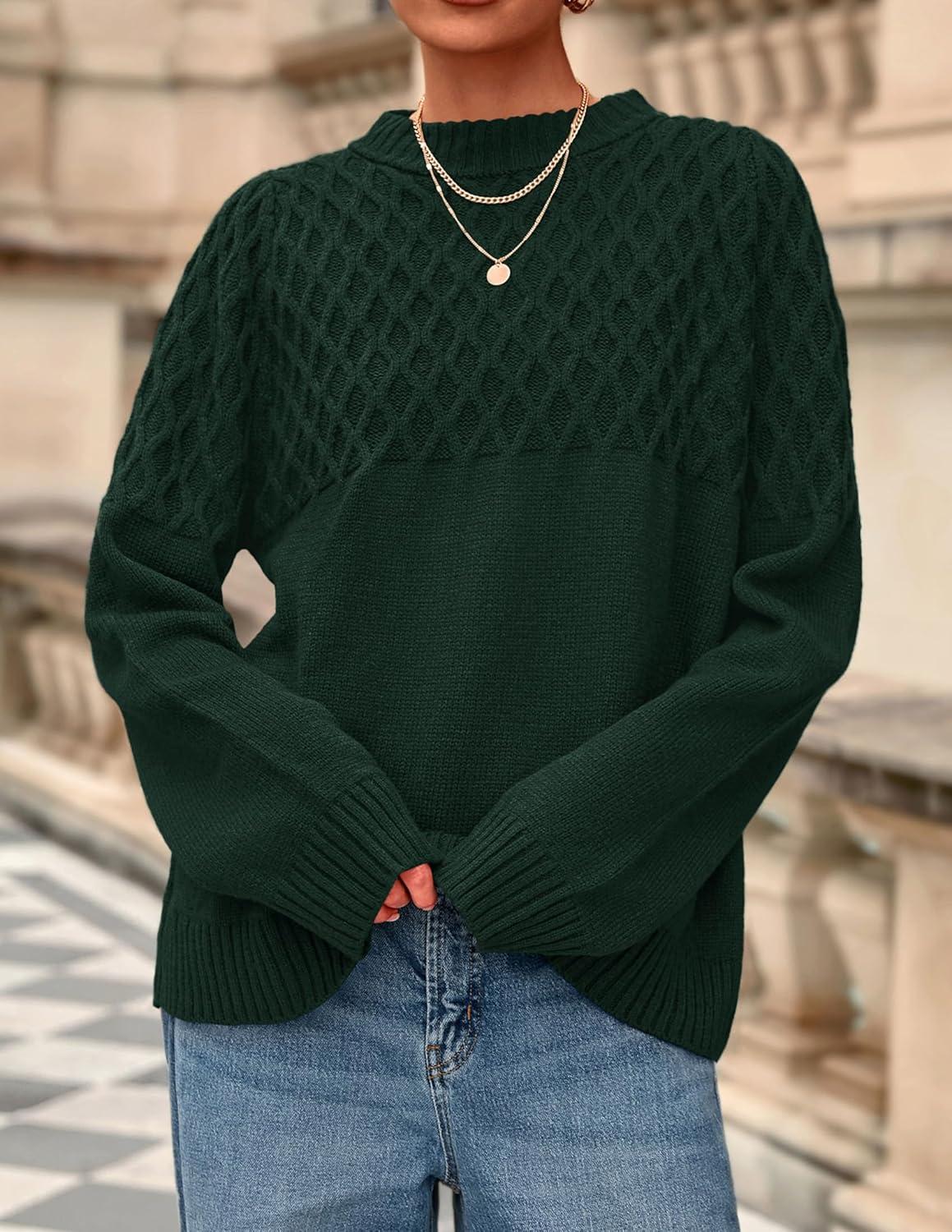 imagePRETTYGARDEN Oversized Sweaters for Women 2025 Fall Cute Cable Knit Long Sleeve Crewneck Chunky Pullover Tops Winter ClothingDark Green