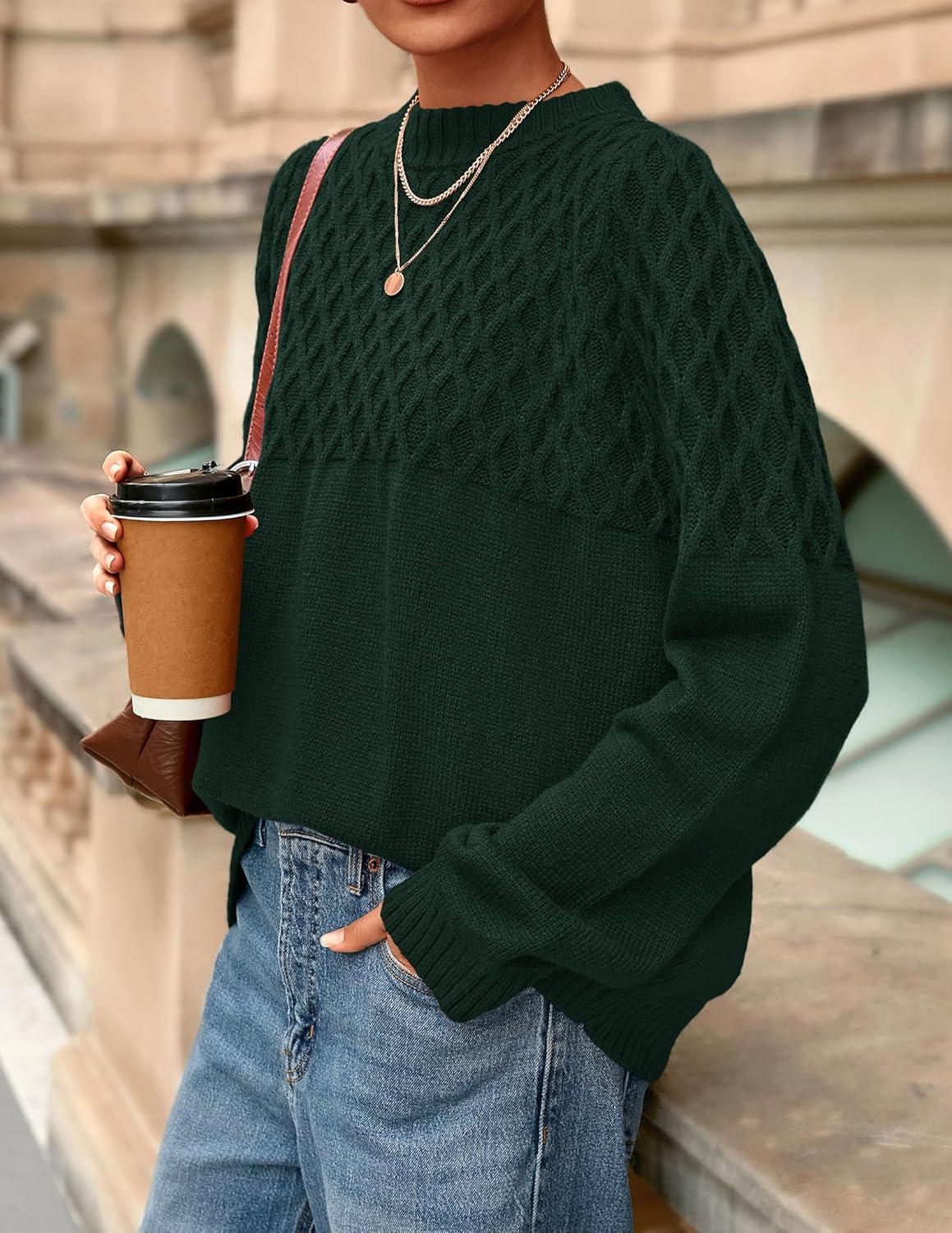 imagePRETTYGARDEN Oversized Sweaters for Women 2025 Fall Cute Cable Knit Long Sleeve Crewneck Chunky Pullover Tops Winter ClothingDark Green