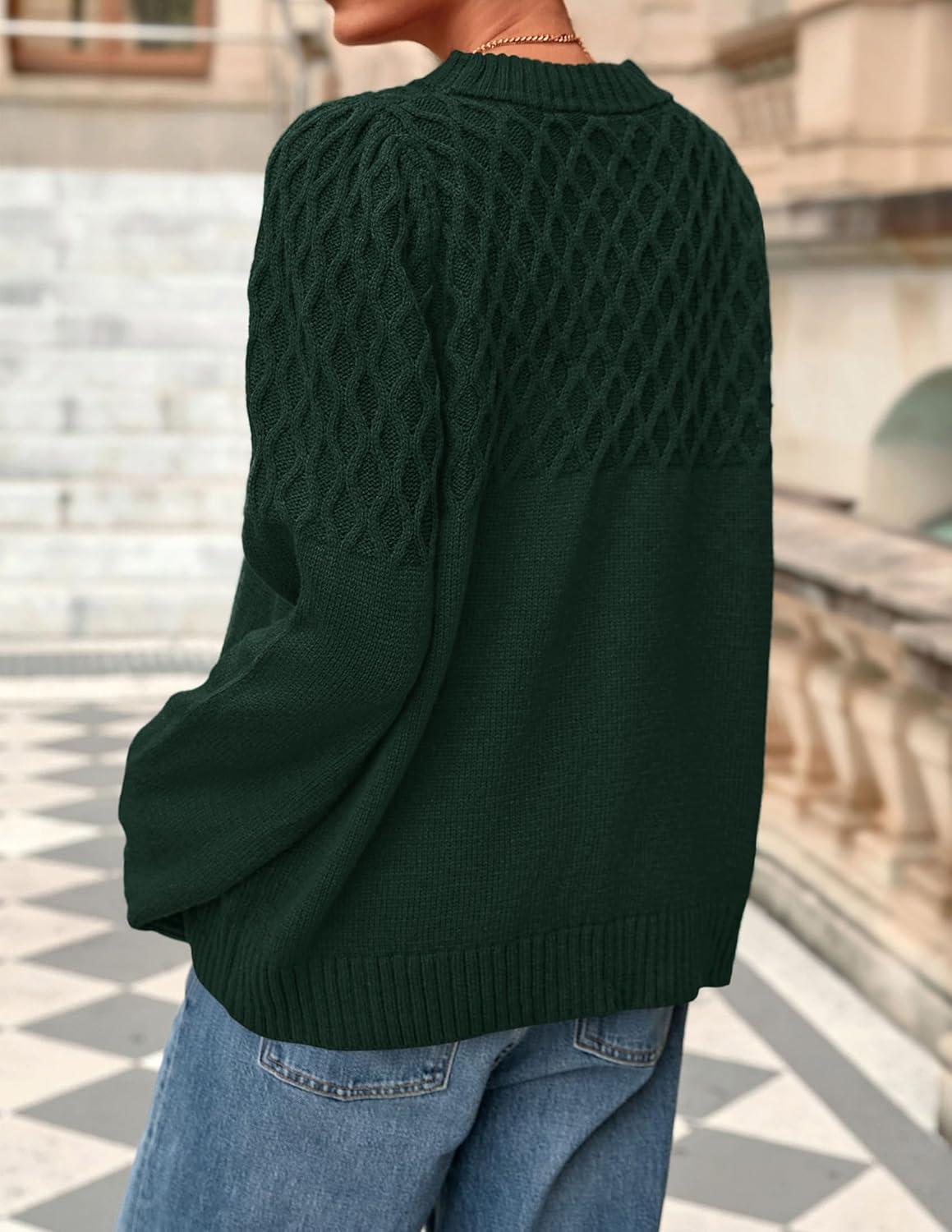 imagePRETTYGARDEN Oversized Sweaters for Women 2025 Fall Cute Cable Knit Long Sleeve Crewneck Chunky Pullover Tops Winter ClothingDark Green