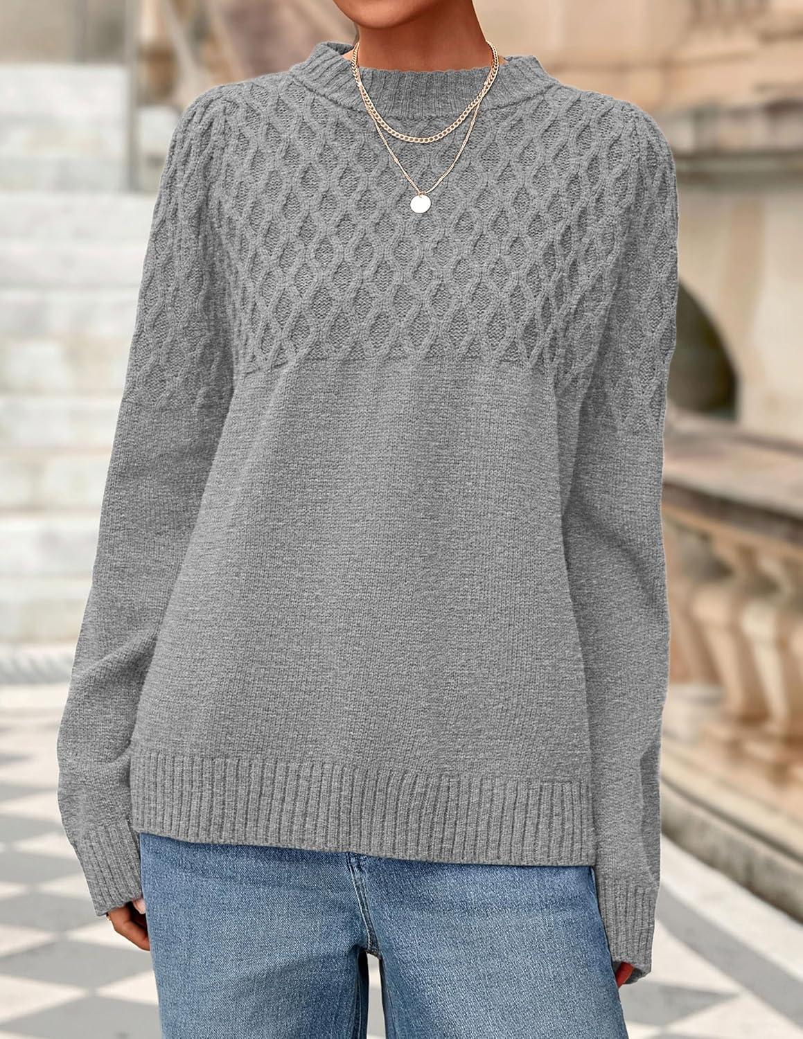 imagePRETTYGARDEN Oversized Sweaters for Women 2025 Fall Cute Cable Knit Long Sleeve Crewneck Chunky Pullover Tops Winter ClothingGrey