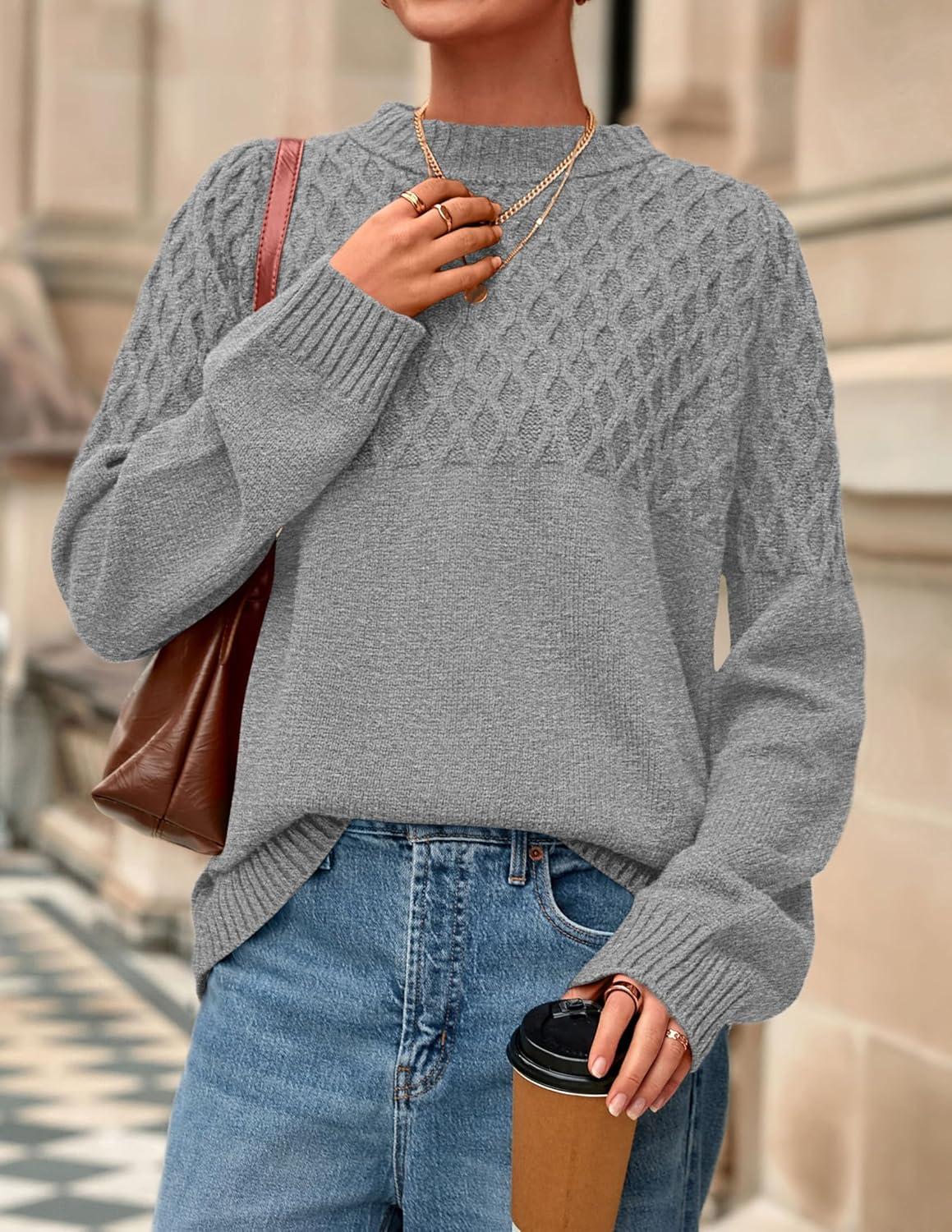 imagePRETTYGARDEN Oversized Sweaters for Women 2025 Fall Cute Cable Knit Long Sleeve Crewneck Chunky Pullover Tops Winter ClothingGrey