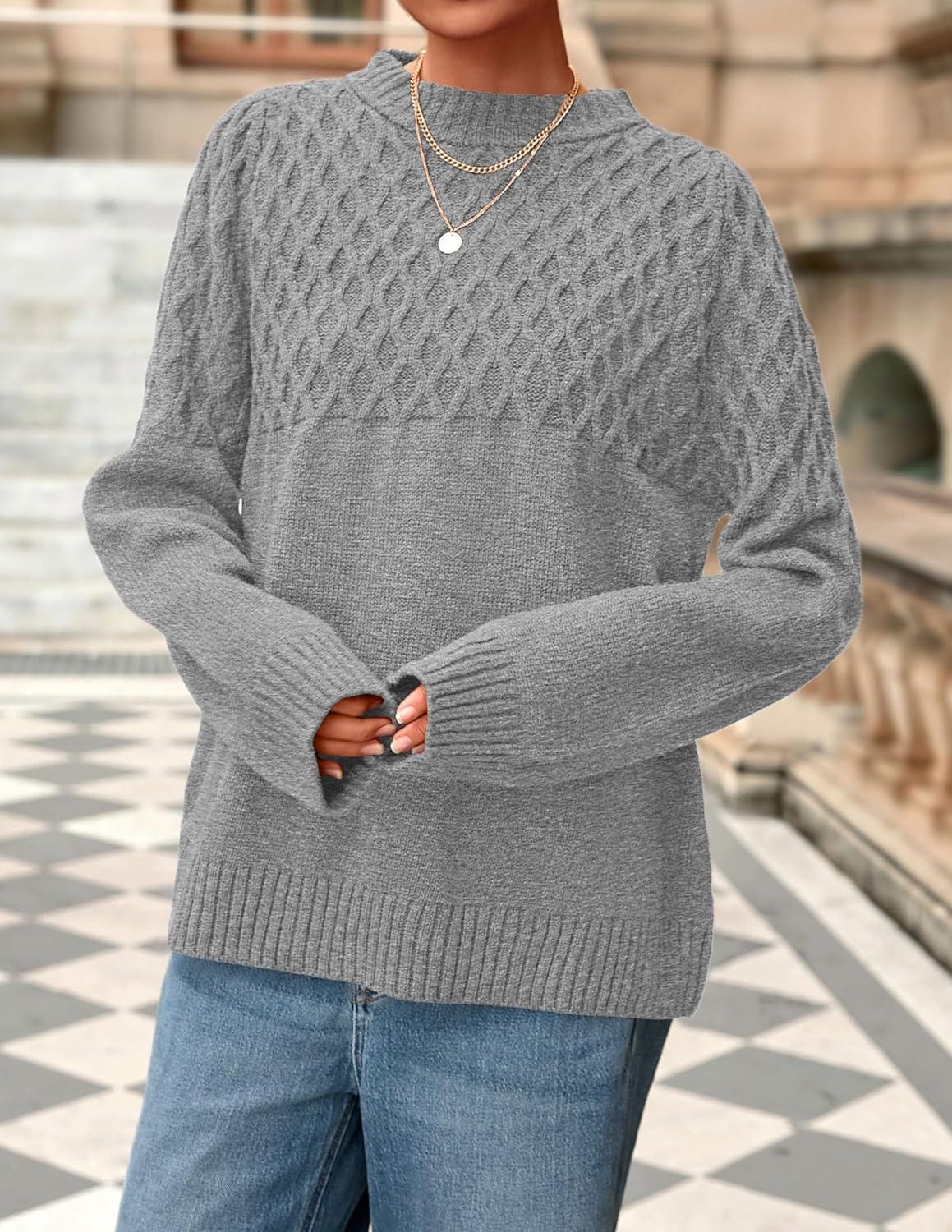 imagePRETTYGARDEN Oversized Sweaters for Women 2025 Fall Cute Cable Knit Long Sleeve Crewneck Chunky Pullover Tops Winter ClothingGrey