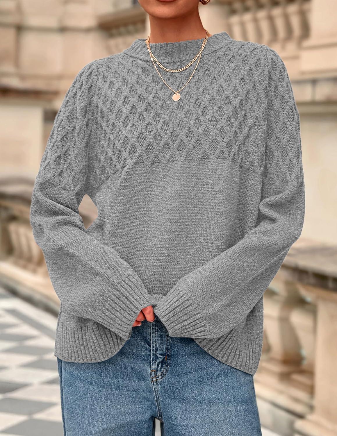 imagePRETTYGARDEN Oversized Sweaters for Women 2025 Fall Cute Cable Knit Long Sleeve Crewneck Chunky Pullover Tops Winter ClothingGrey