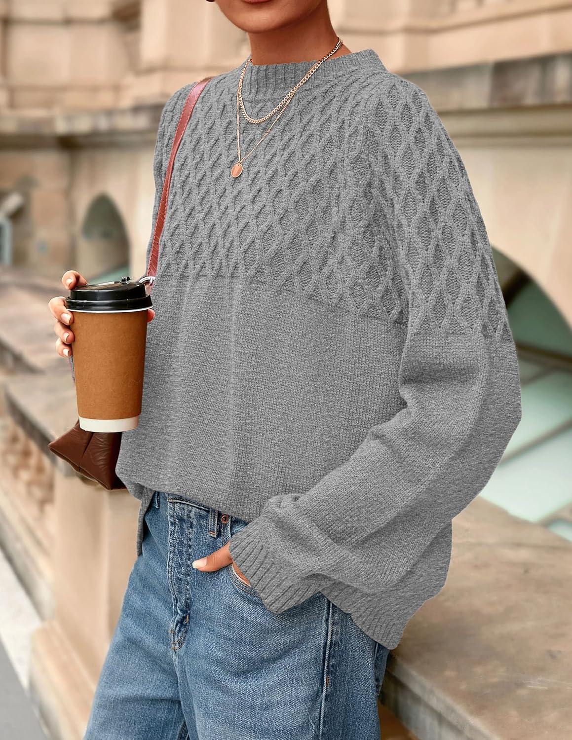 imagePRETTYGARDEN Oversized Sweaters for Women 2025 Fall Cute Cable Knit Long Sleeve Crewneck Chunky Pullover Tops Winter ClothingGrey