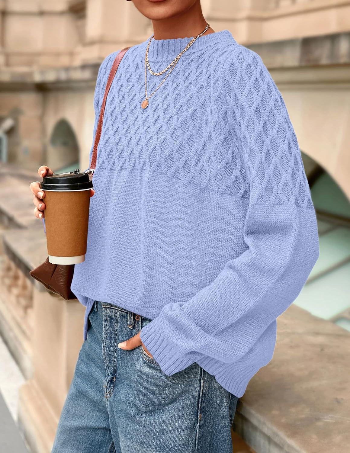 imagePRETTYGARDEN Oversized Sweaters for Women 2025 Fall Cute Cable Knit Long Sleeve Crewneck Chunky Pullover Tops Winter ClothingLight Blue