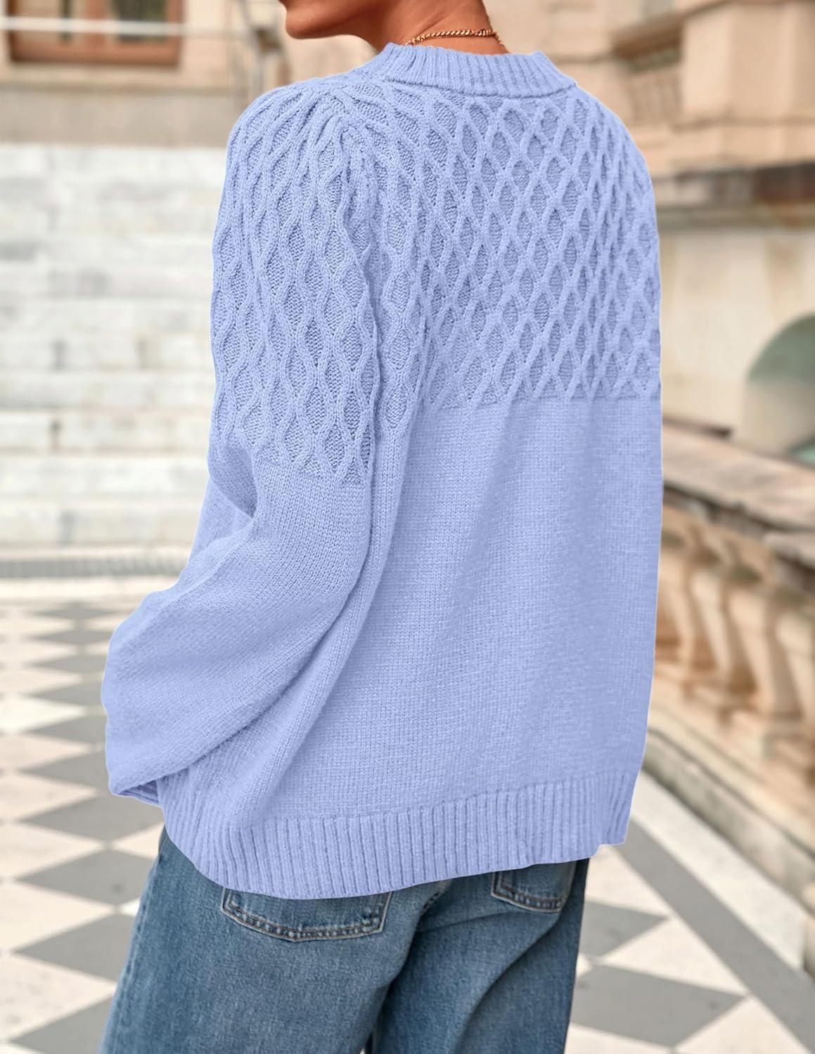 imagePRETTYGARDEN Oversized Sweaters for Women 2025 Fall Cute Cable Knit Long Sleeve Crewneck Chunky Pullover Tops Winter ClothingLight Blue