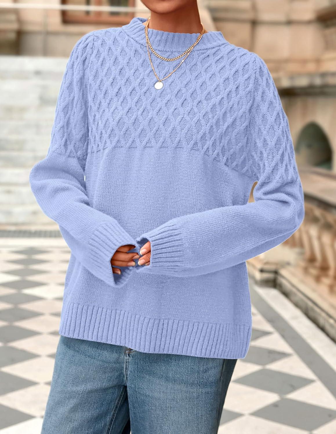 imagePRETTYGARDEN Oversized Sweaters for Women 2025 Fall Cute Cable Knit Long Sleeve Crewneck Chunky Pullover Tops Winter ClothingLight Blue