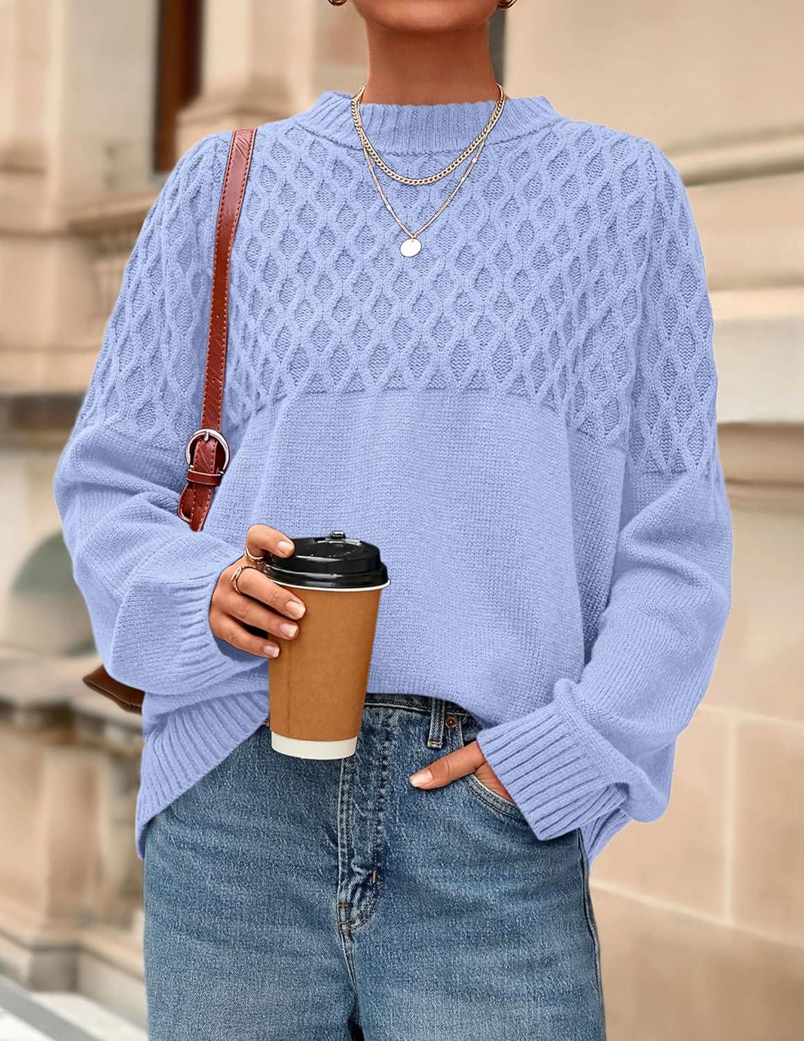 imagePRETTYGARDEN Oversized Sweaters for Women 2025 Fall Cute Cable Knit Long Sleeve Crewneck Chunky Pullover Tops Winter ClothingLight Blue