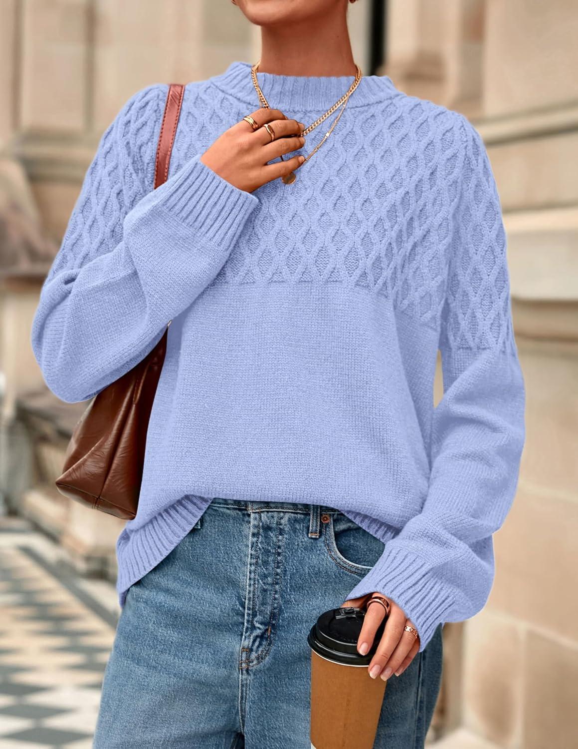 imagePRETTYGARDEN Oversized Sweaters for Women 2025 Fall Cute Cable Knit Long Sleeve Crewneck Chunky Pullover Tops Winter ClothingLight Blue