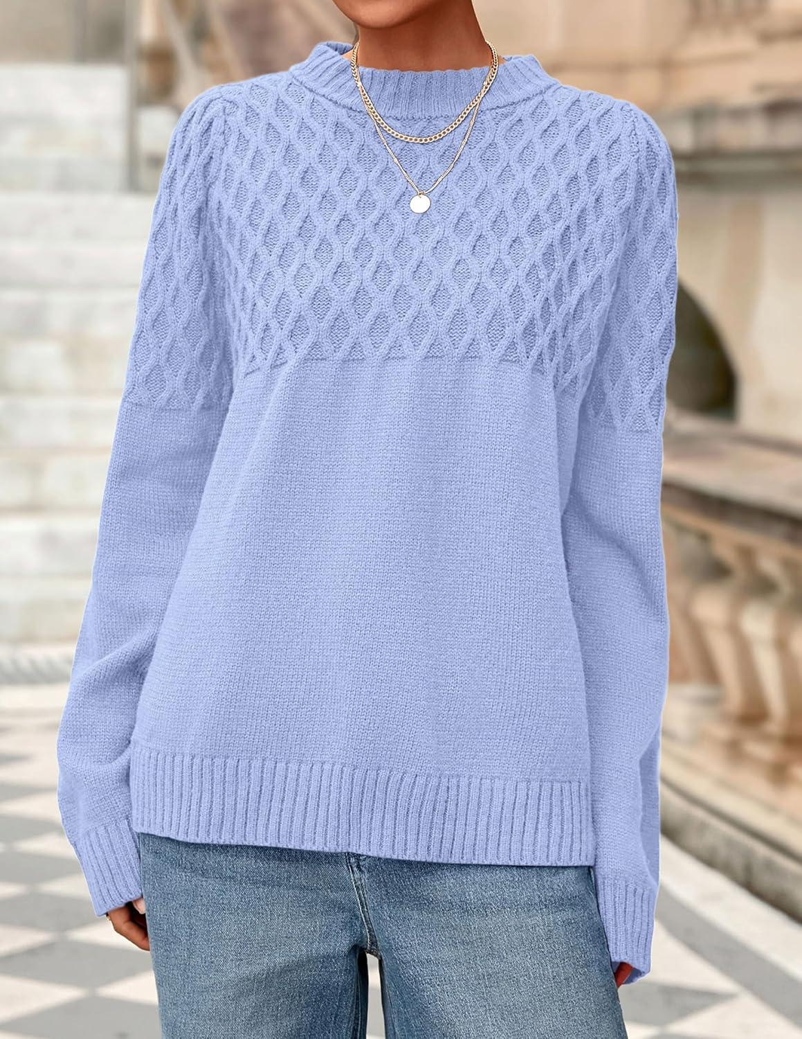 imagePRETTYGARDEN Oversized Sweaters for Women 2025 Fall Cute Cable Knit Long Sleeve Crewneck Chunky Pullover Tops Winter ClothingLight Blue