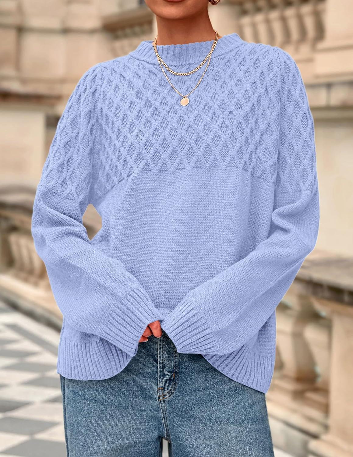 imagePRETTYGARDEN Oversized Sweaters for Women 2025 Fall Cute Cable Knit Long Sleeve Crewneck Chunky Pullover Tops Winter ClothingLight Blue