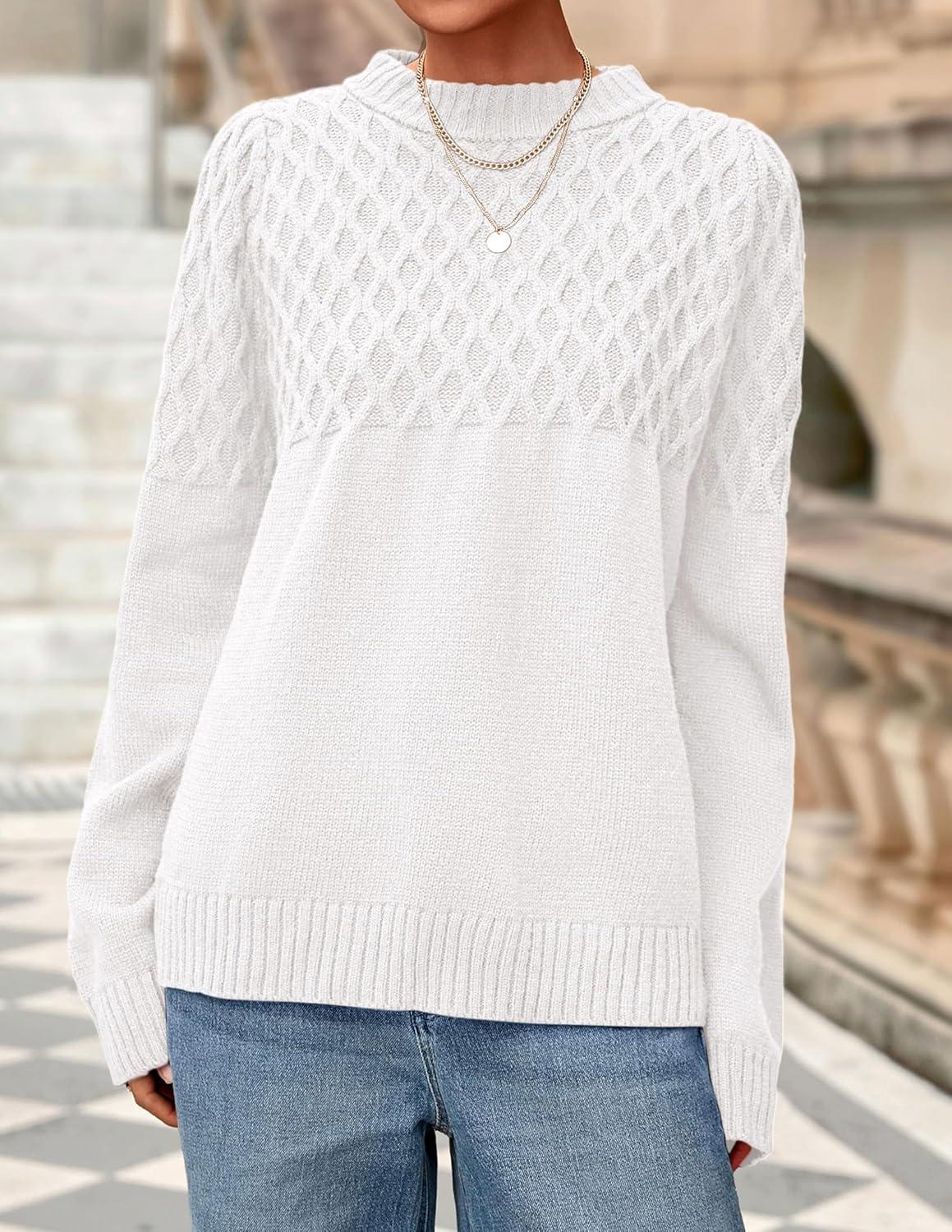 imagePRETTYGARDEN Oversized Sweaters for Women 2025 Fall Cute Cable Knit Long Sleeve Crewneck Chunky Pullover Tops Winter ClothingWhite