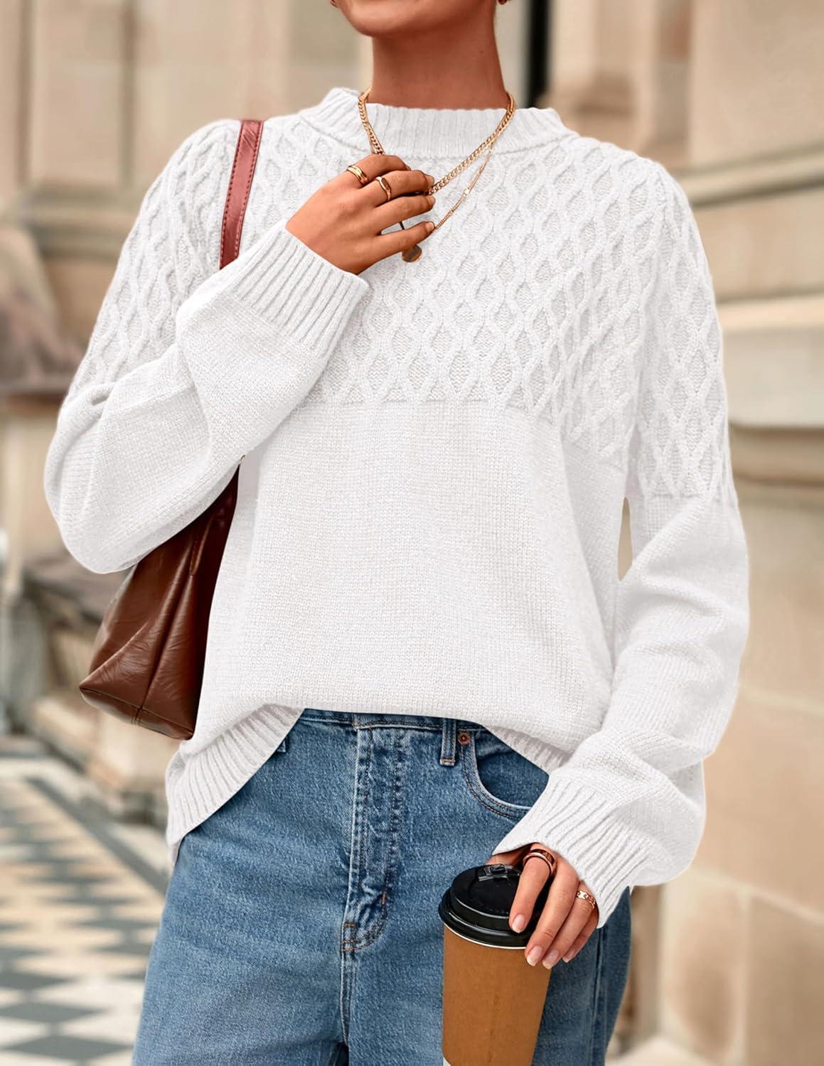 imagePRETTYGARDEN Oversized Sweaters for Women 2025 Fall Cute Cable Knit Long Sleeve Crewneck Chunky Pullover Tops Winter ClothingWhite