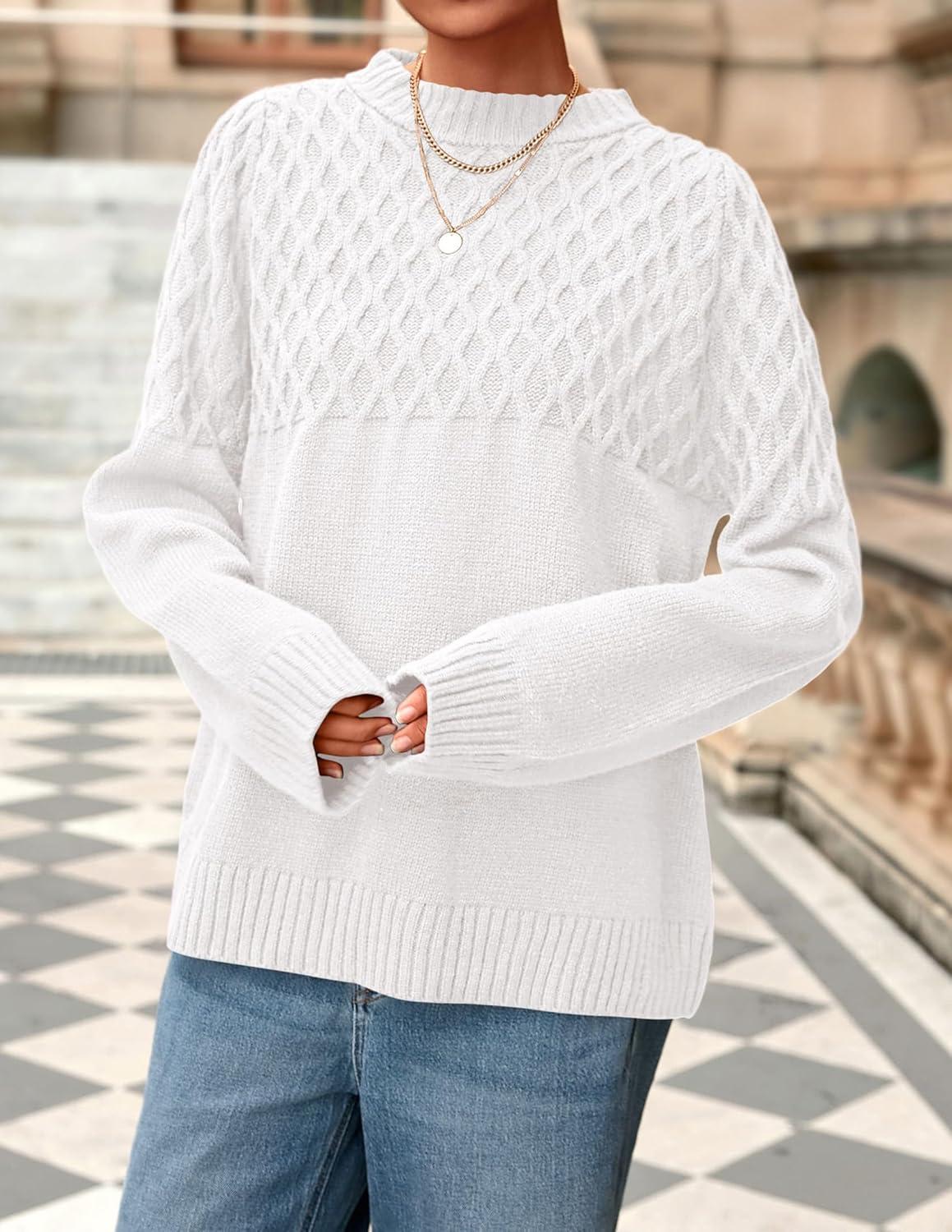 imagePRETTYGARDEN Oversized Sweaters for Women 2025 Fall Cute Cable Knit Long Sleeve Crewneck Chunky Pullover Tops Winter ClothingWhite
