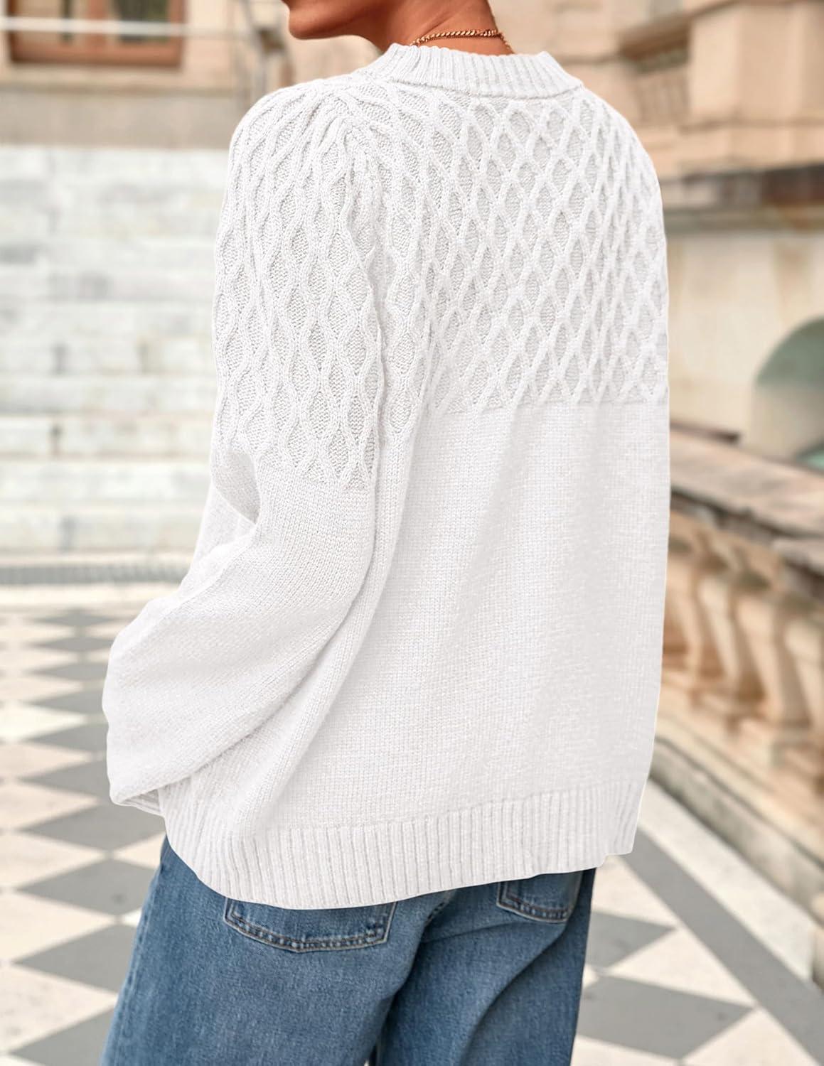 imagePRETTYGARDEN Oversized Sweaters for Women 2025 Fall Cute Cable Knit Long Sleeve Crewneck Chunky Pullover Tops Winter ClothingWhite