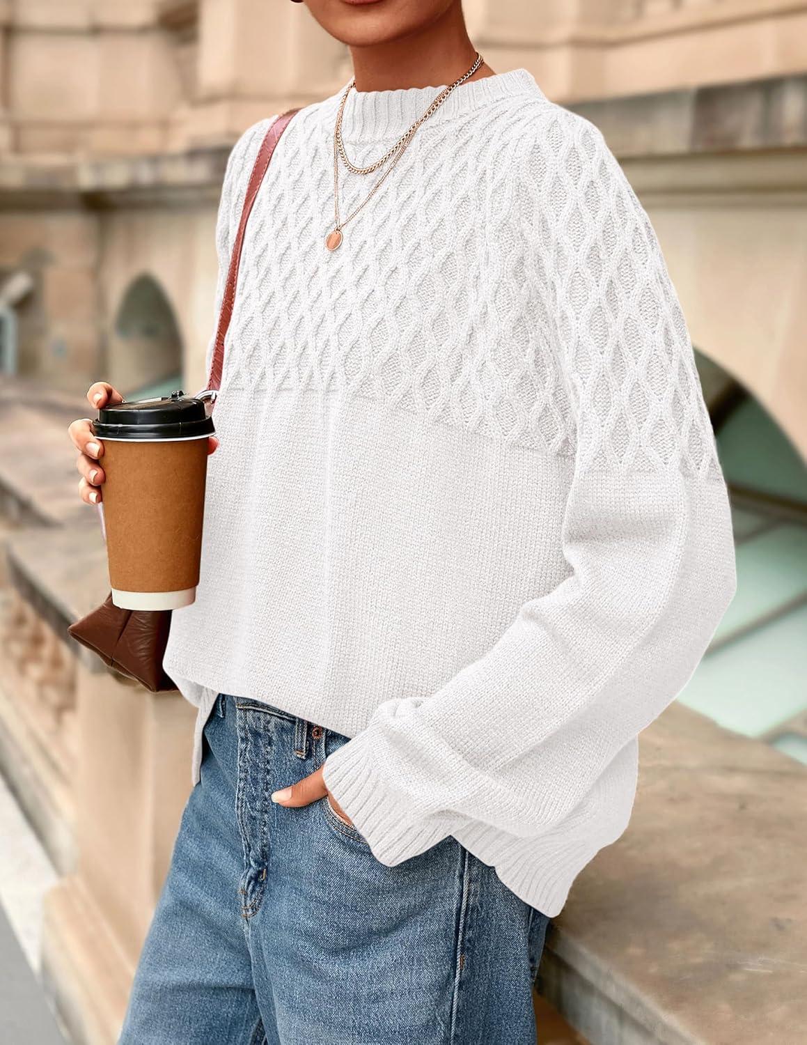 imagePRETTYGARDEN Oversized Sweaters for Women 2025 Fall Cute Cable Knit Long Sleeve Crewneck Chunky Pullover Tops Winter ClothingWhite