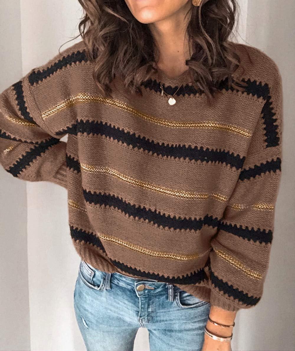 imagePRETTYGARDEN Sweaters for Women 2025 Long Sleeve Striped Knitted V Neck Pullover Jumper Tops Fall Outfits Fashion ClothingNarrow Striped Brown
