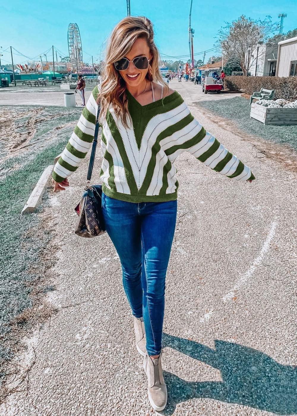 imagePRETTYGARDEN Sweaters for Women 2025 Long Sleeve Striped Knitted V Neck Pullover Jumper Tops Fall Outfits Fashion ClothingStriped Army Green