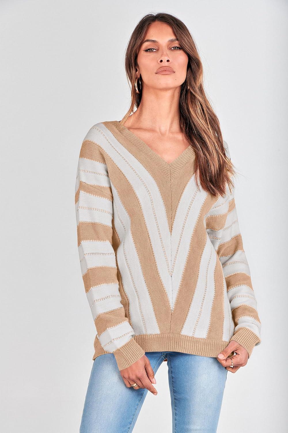 imagePRETTYGARDEN Sweaters for Women 2025 Long Sleeve Striped Knitted V Neck Pullover Jumper Tops Fall Outfits Fashion ClothingStriped Beige