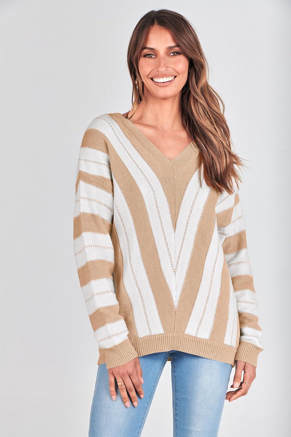 imagePRETTYGARDEN Sweaters for Women 2025 Long Sleeve Striped Knitted V Neck Pullover Jumper Tops Fall Outfits Fashion ClothingStriped Beige