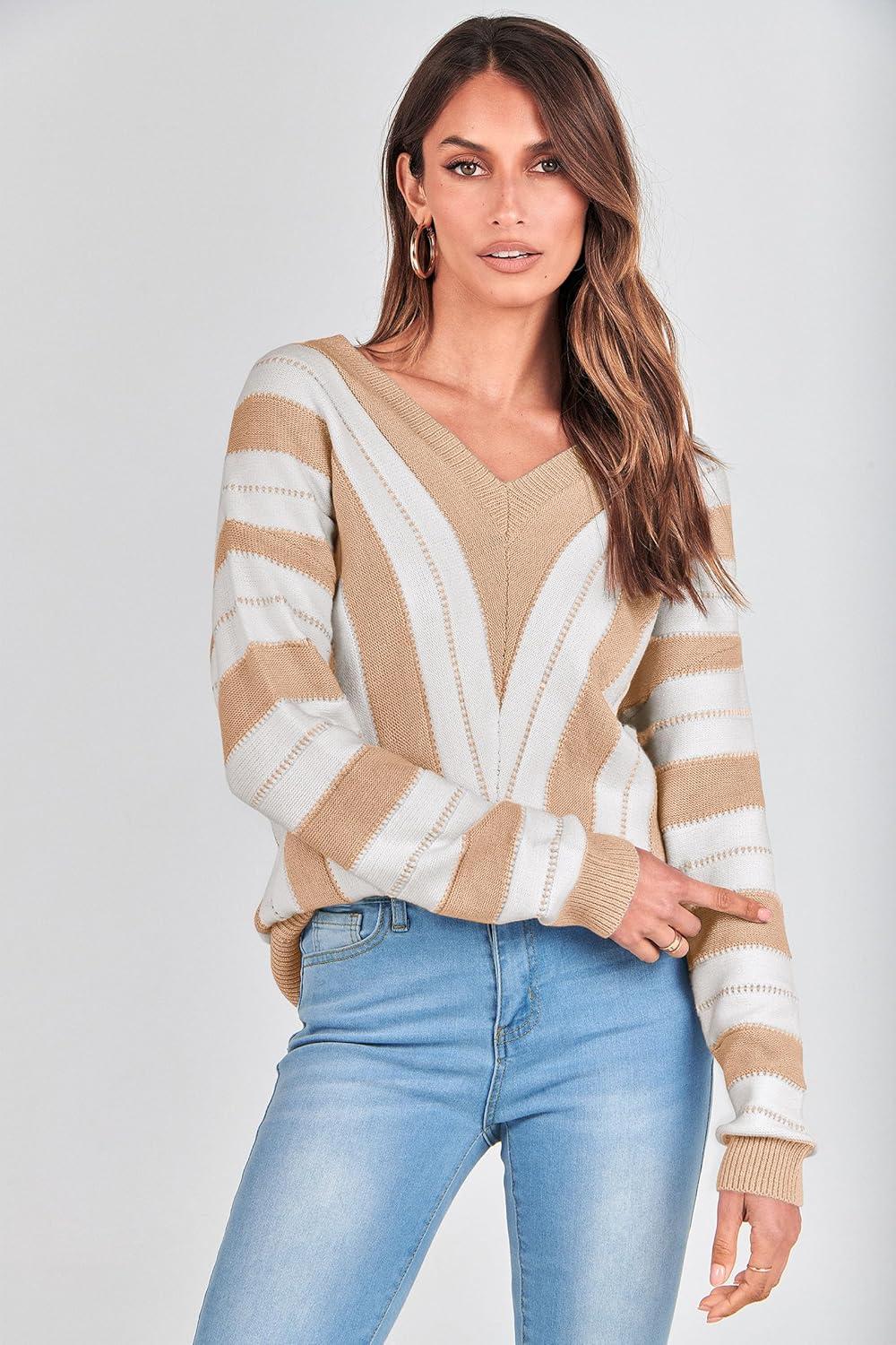 imagePRETTYGARDEN Sweaters for Women 2025 Long Sleeve Striped Knitted V Neck Pullover Jumper Tops Fall Outfits Fashion ClothingStriped Beige