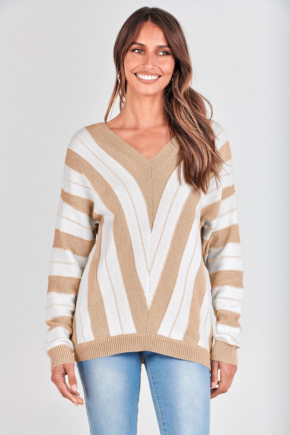 imagePRETTYGARDEN Sweaters for Women 2025 Long Sleeve Striped Knitted V Neck Pullover Jumper Tops Fall Outfits Fashion ClothingStriped Beige
