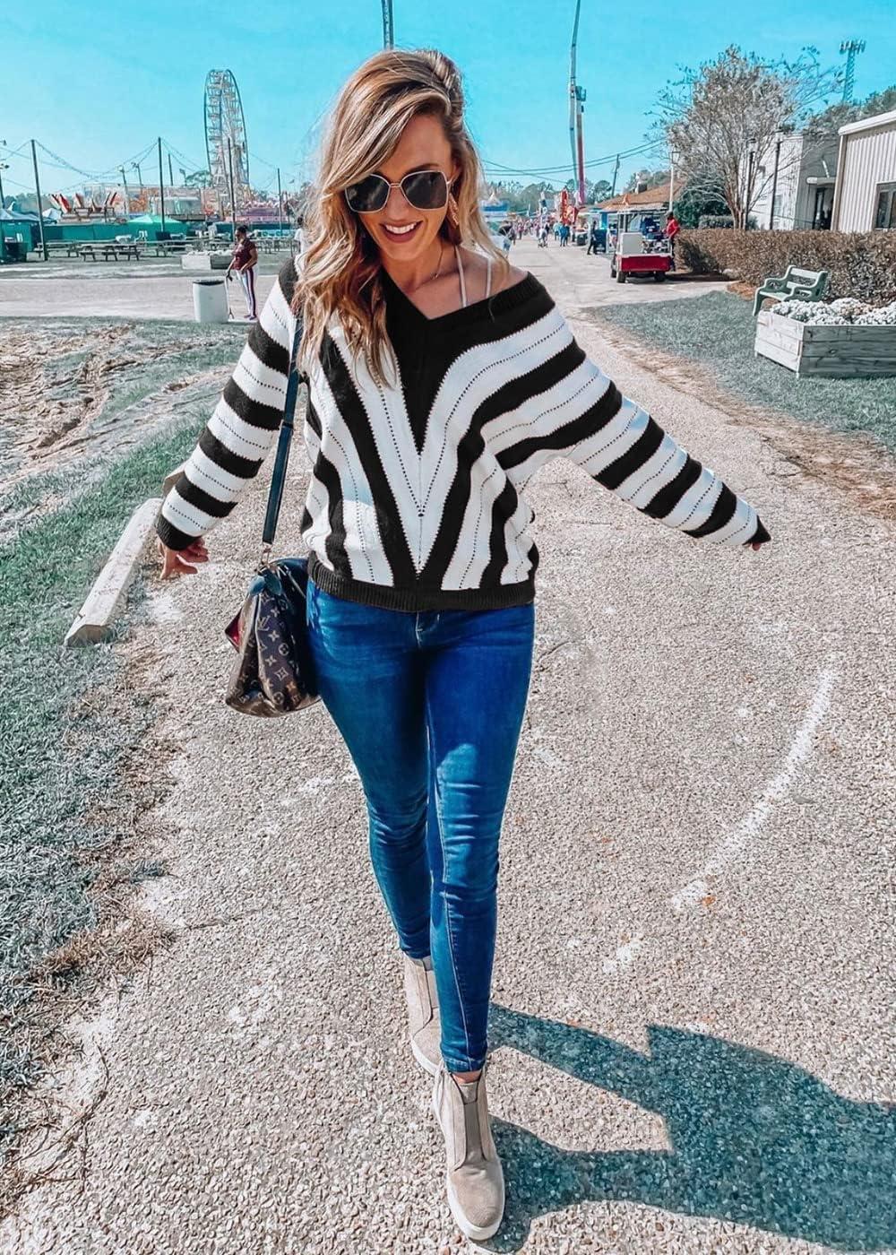 imagePRETTYGARDEN Sweaters for Women 2025 Long Sleeve Striped Knitted V Neck Pullover Jumper Tops Fall Outfits Fashion ClothingStriped Black