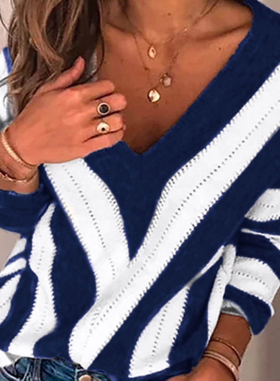 imagePRETTYGARDEN Sweaters for Women 2025 Long Sleeve Striped Knitted V Neck Pullover Jumper Tops Fall Outfits Fashion ClothingStriped Blue
