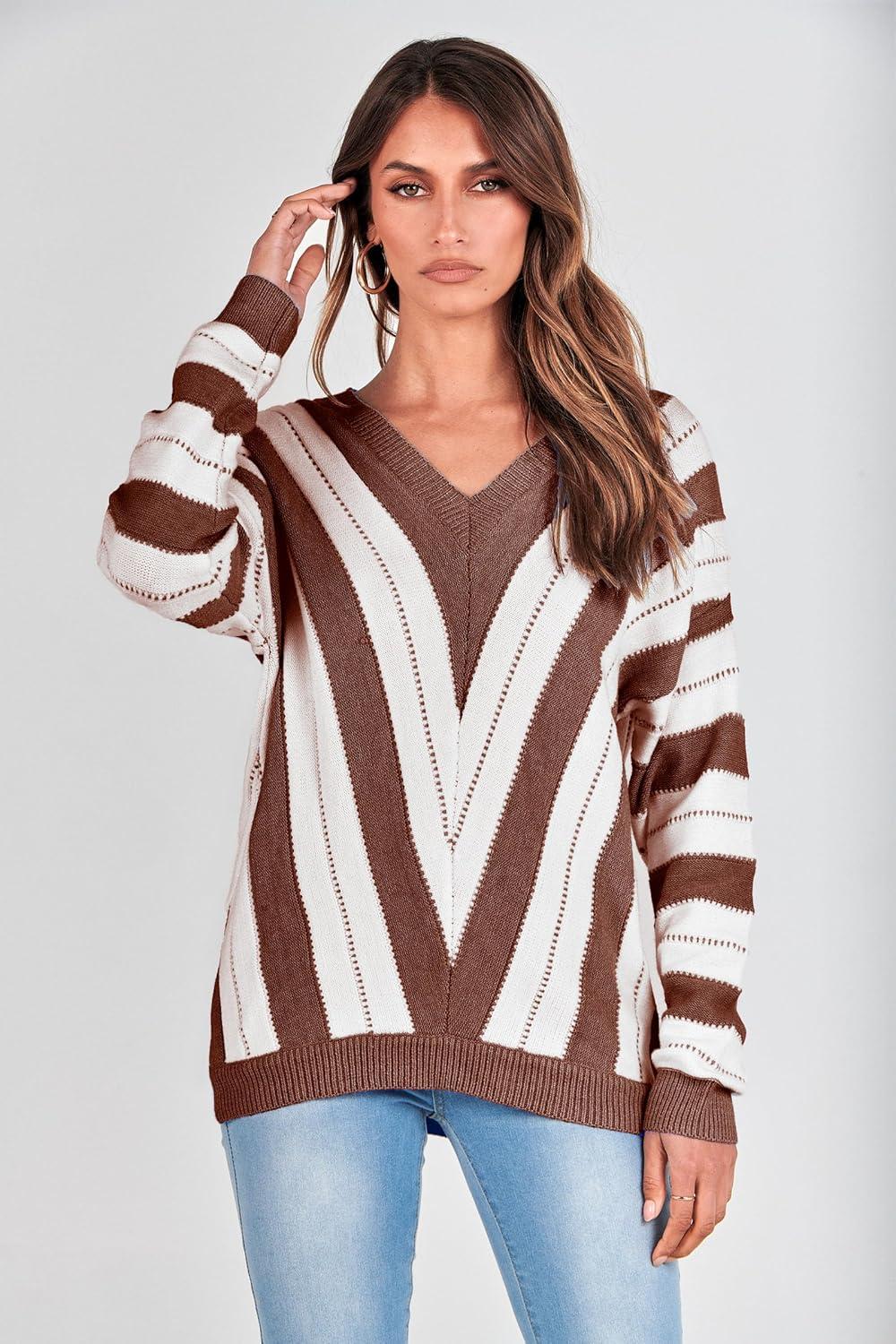 imagePRETTYGARDEN Sweaters for Women 2025 Long Sleeve Striped Knitted V Neck Pullover Jumper Tops Fall Outfits Fashion ClothingStriped Brown