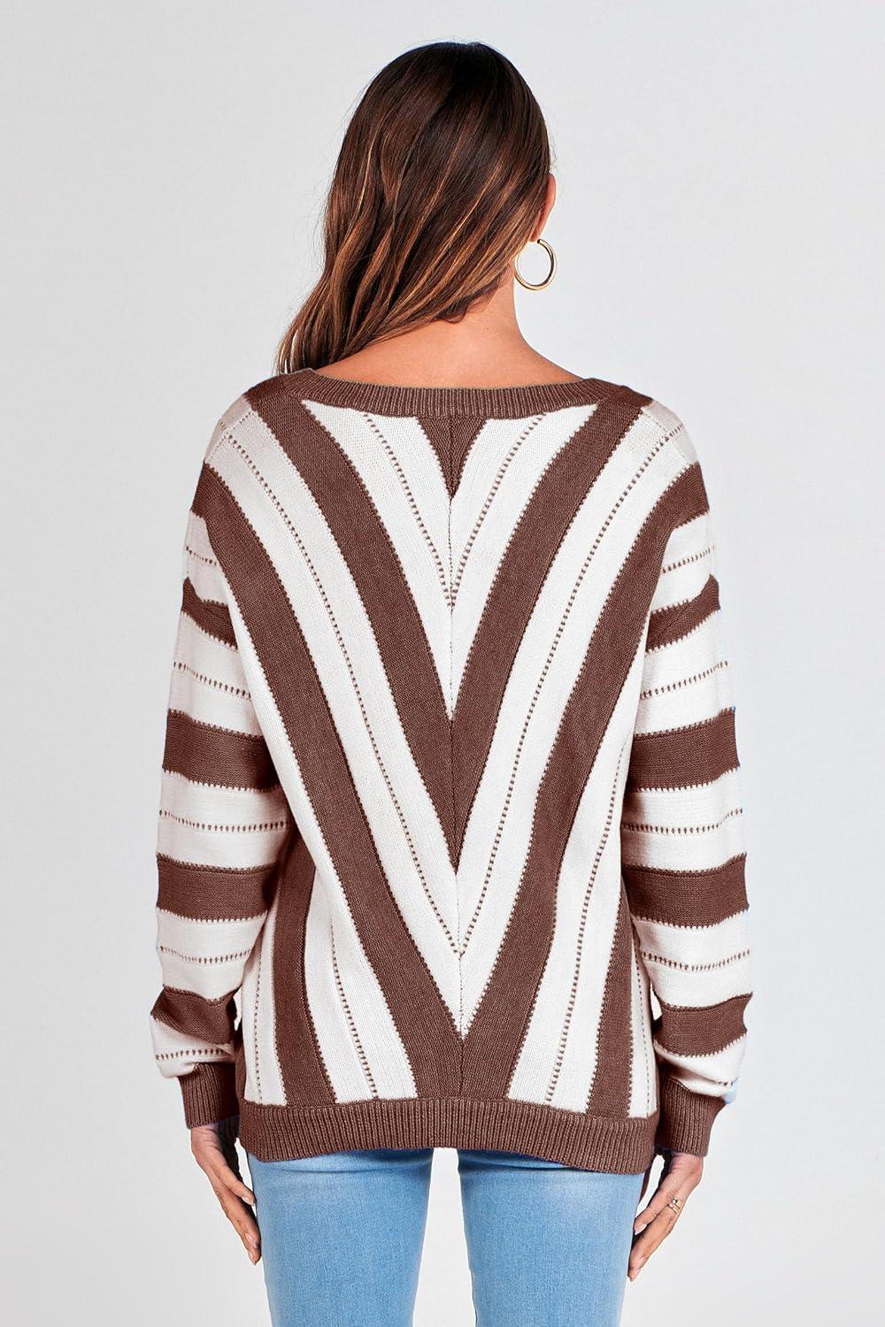 imagePRETTYGARDEN Sweaters for Women 2025 Long Sleeve Striped Knitted V Neck Pullover Jumper Tops Fall Outfits Fashion ClothingStriped Brown