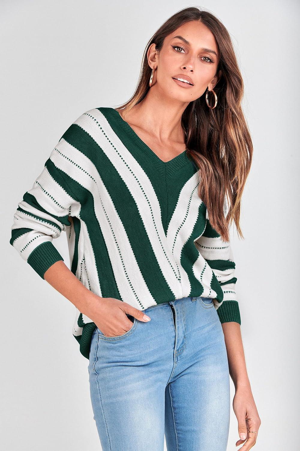 imagePRETTYGARDEN Sweaters for Women 2025 Long Sleeve Striped Knitted V Neck Pullover Jumper Tops Fall Outfits Fashion ClothingStriped Dark Green