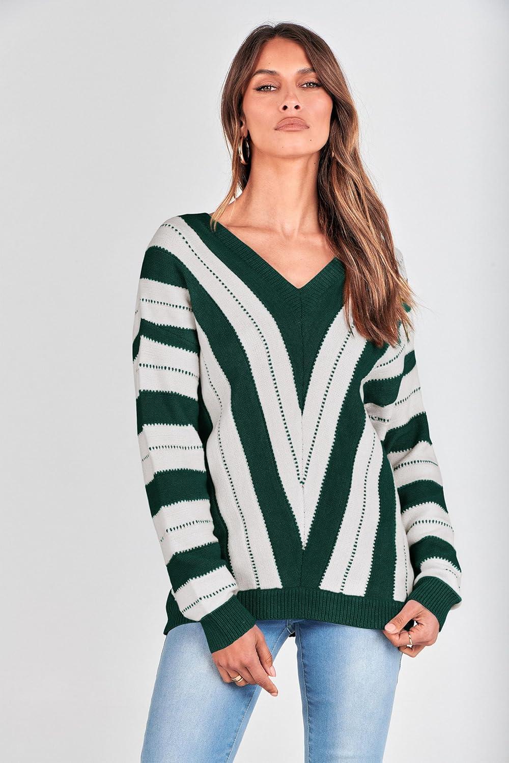 imagePRETTYGARDEN Sweaters for Women 2025 Long Sleeve Striped Knitted V Neck Pullover Jumper Tops Fall Outfits Fashion ClothingStriped Dark Green