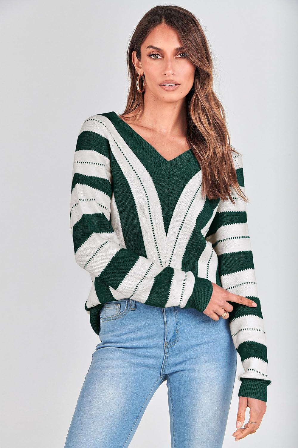 imagePRETTYGARDEN Sweaters for Women 2025 Long Sleeve Striped Knitted V Neck Pullover Jumper Tops Fall Outfits Fashion ClothingStriped Dark Green