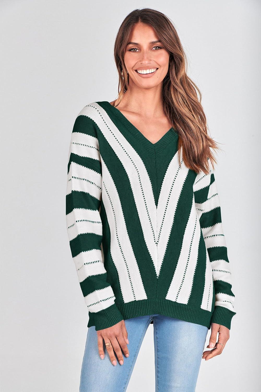imagePRETTYGARDEN Sweaters for Women 2025 Long Sleeve Striped Knitted V Neck Pullover Jumper Tops Fall Outfits Fashion ClothingStriped Dark Green