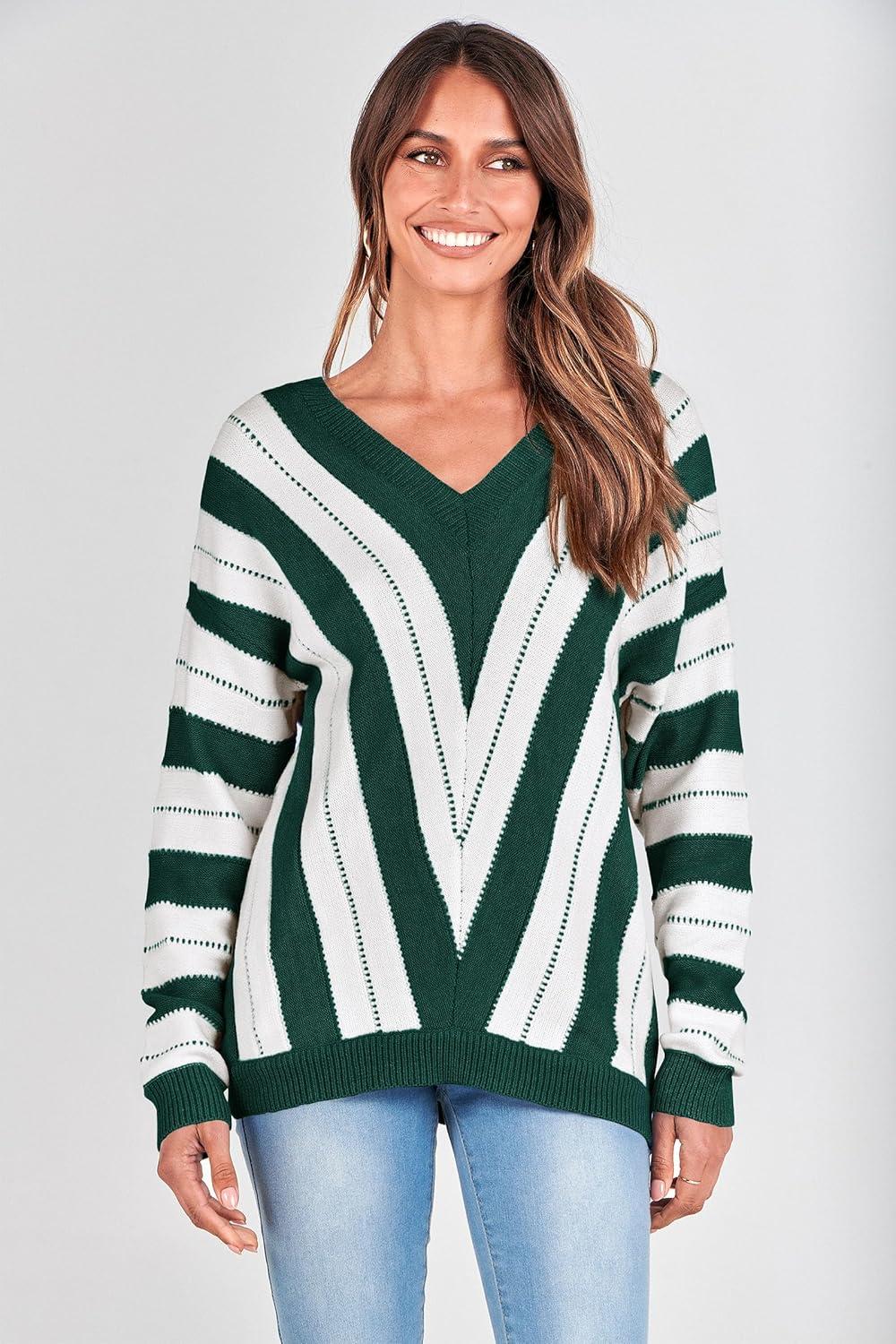 imagePRETTYGARDEN Sweaters for Women 2025 Long Sleeve Striped Knitted V Neck Pullover Jumper Tops Fall Outfits Fashion ClothingStriped Dark Green