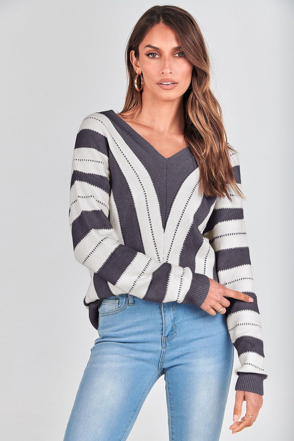 imagePRETTYGARDEN Sweaters for Women 2025 Long Sleeve Striped Knitted V Neck Pullover Jumper Tops Fall Outfits Fashion ClothingStriped Dark Grey