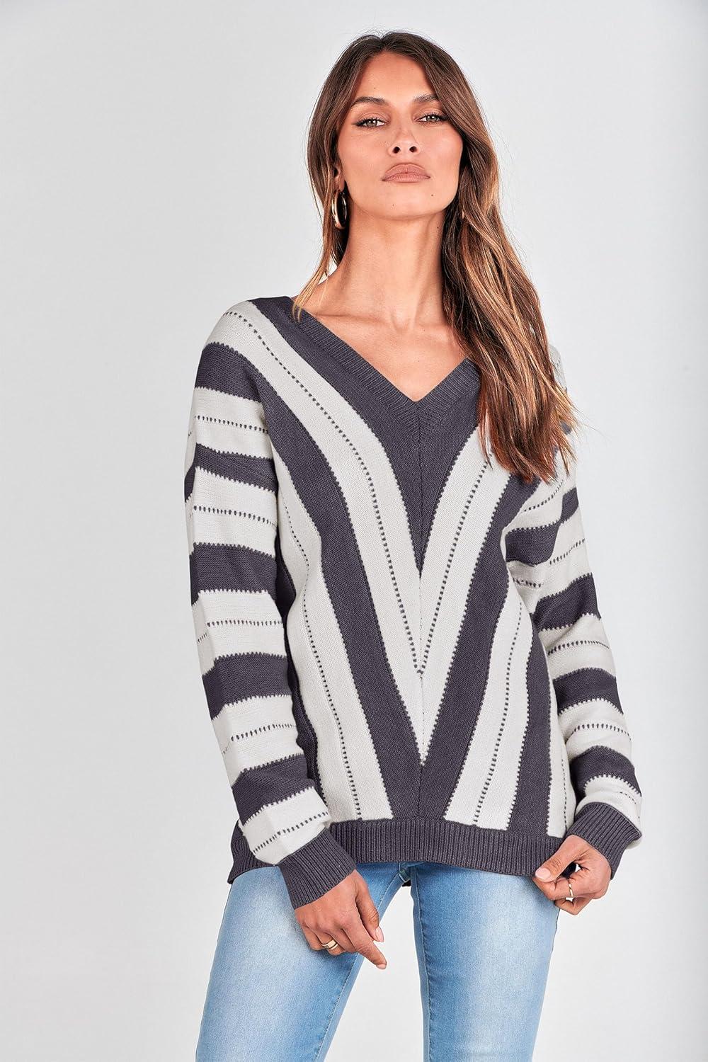imagePRETTYGARDEN Sweaters for Women 2025 Long Sleeve Striped Knitted V Neck Pullover Jumper Tops Fall Outfits Fashion ClothingStriped Dark Grey