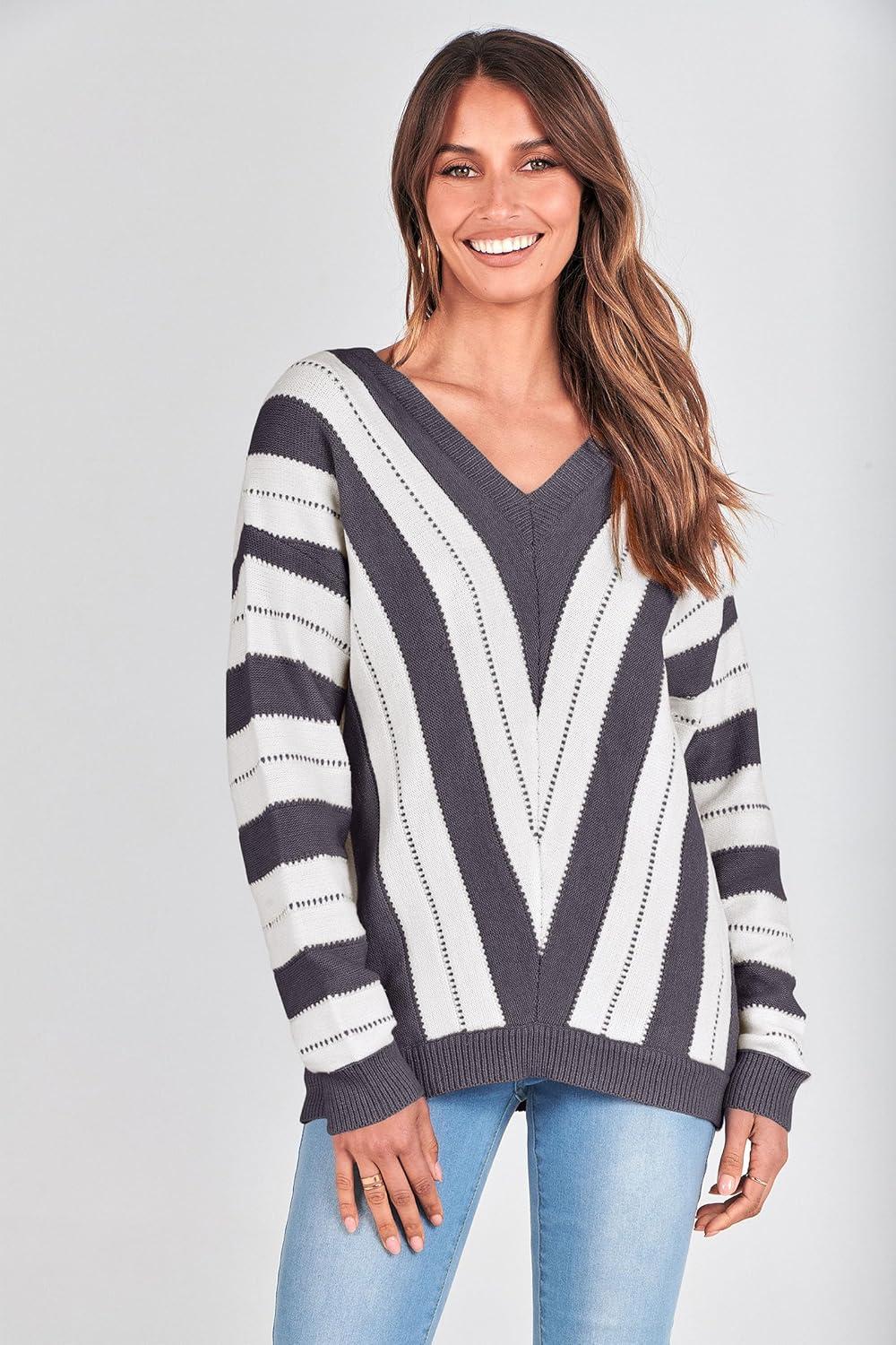 imagePRETTYGARDEN Sweaters for Women 2025 Long Sleeve Striped Knitted V Neck Pullover Jumper Tops Fall Outfits Fashion ClothingStriped Dark Grey