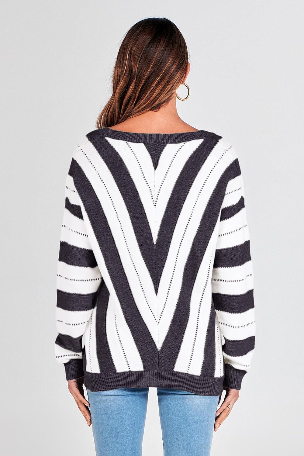 imagePRETTYGARDEN Sweaters for Women 2025 Long Sleeve Striped Knitted V Neck Pullover Jumper Tops Fall Outfits Fashion ClothingStriped Dark Grey