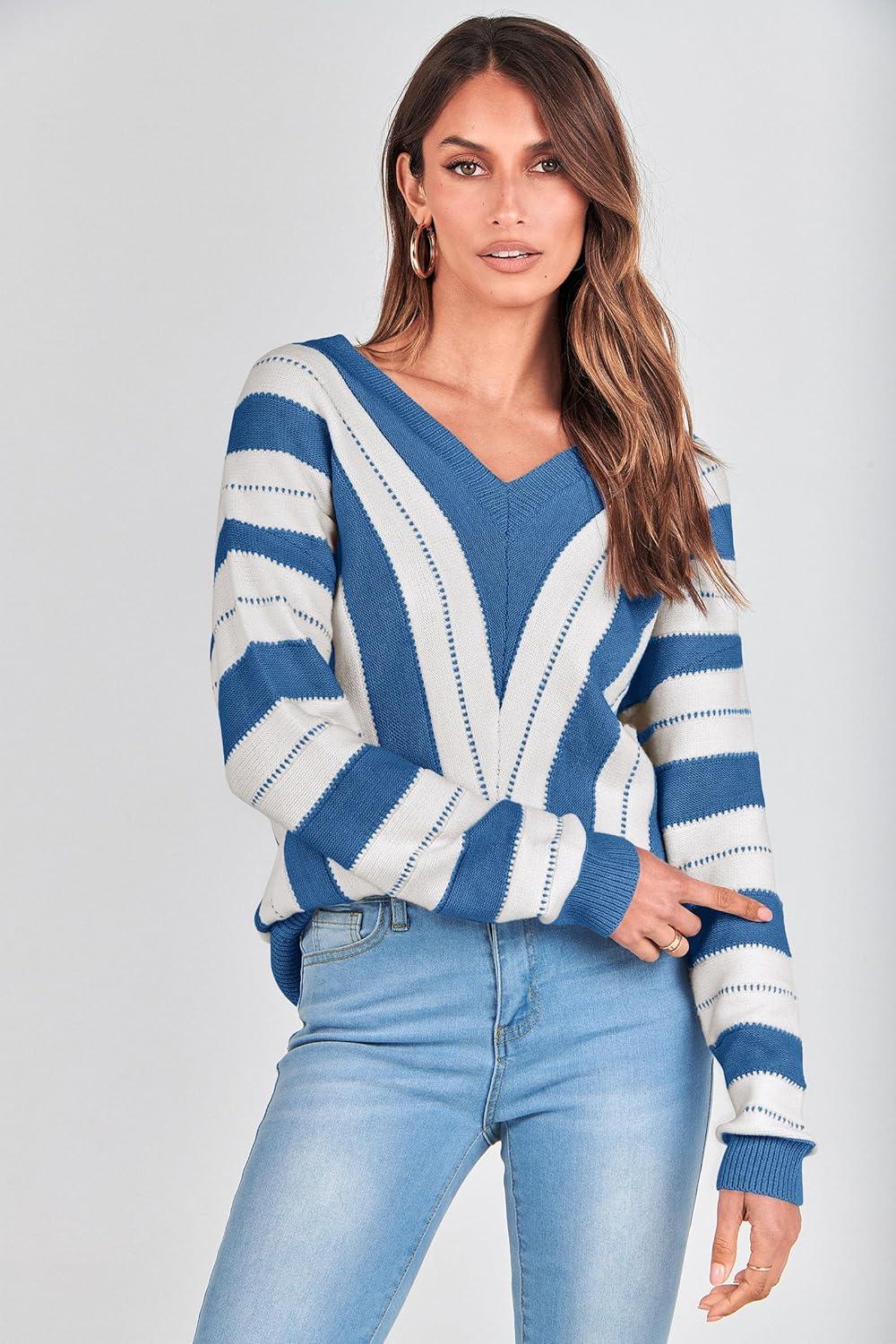 imagePRETTYGARDEN Sweaters for Women 2025 Long Sleeve Striped Knitted V Neck Pullover Jumper Tops Fall Outfits Fashion ClothingStriped Dark Royal Blue