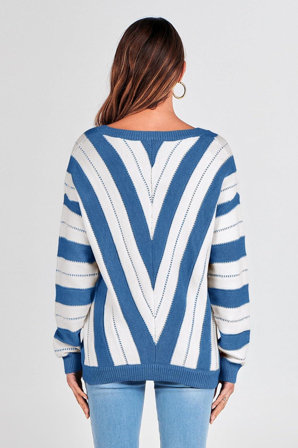 imagePRETTYGARDEN Sweaters for Women 2025 Long Sleeve Striped Knitted V Neck Pullover Jumper Tops Fall Outfits Fashion ClothingStriped Dark Royal Blue