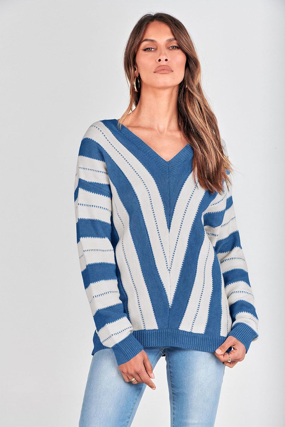 imagePRETTYGARDEN Sweaters for Women 2025 Long Sleeve Striped Knitted V Neck Pullover Jumper Tops Fall Outfits Fashion ClothingStriped Dark Royal Blue