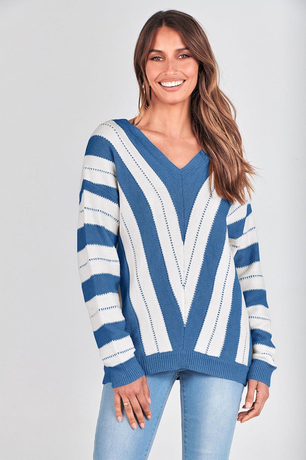 imagePRETTYGARDEN Sweaters for Women 2025 Long Sleeve Striped Knitted V Neck Pullover Jumper Tops Fall Outfits Fashion ClothingStriped Dark Royal Blue
