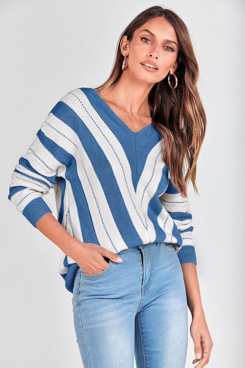 imagePRETTYGARDEN Sweaters for Women 2025 Long Sleeve Striped Knitted V Neck Pullover Jumper Tops Fall Outfits Fashion ClothingStriped Dark Royal Blue