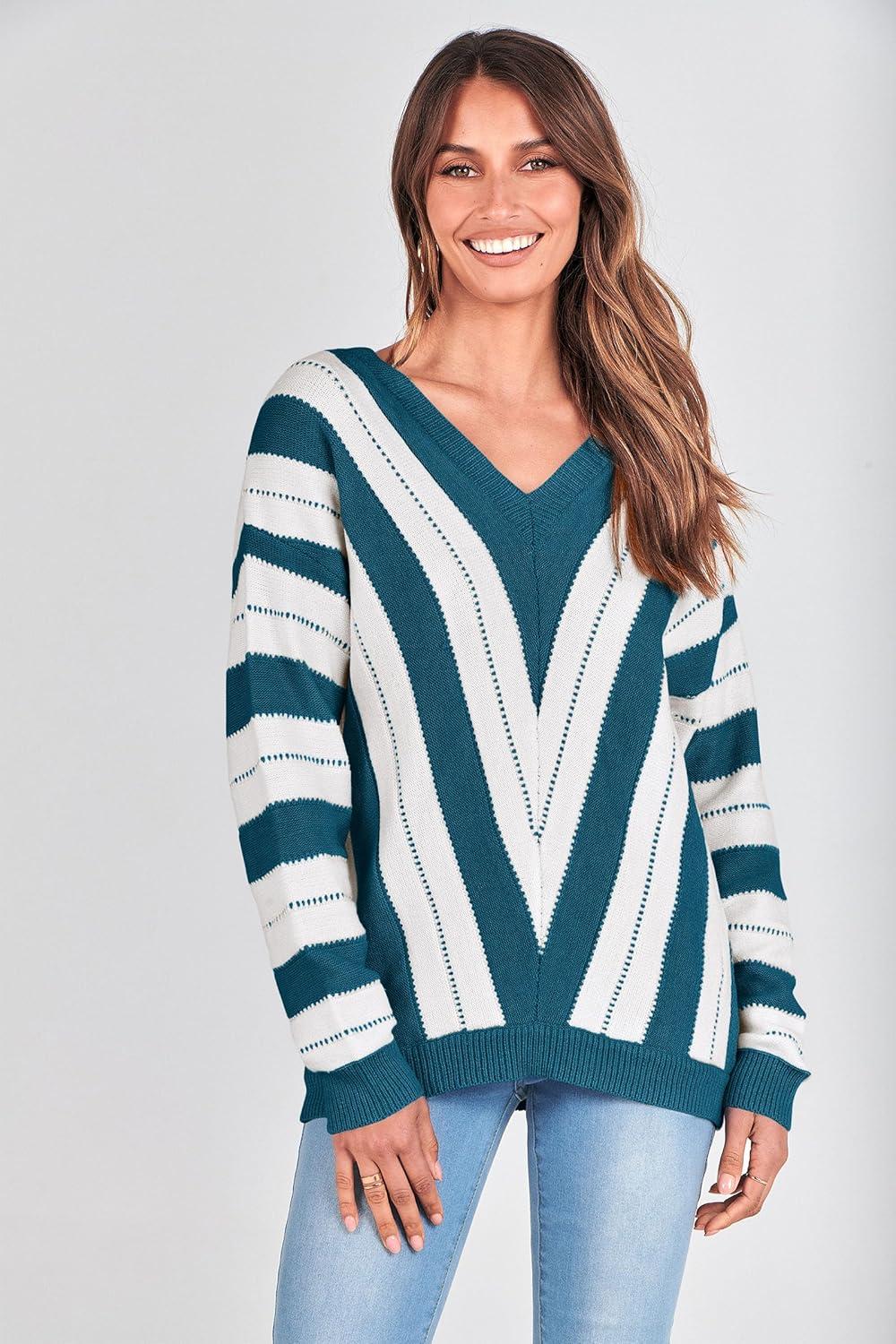 imagePRETTYGARDEN Sweaters for Women 2025 Long Sleeve Striped Knitted V Neck Pullover Jumper Tops Fall Outfits Fashion ClothingStriped Denim Blue