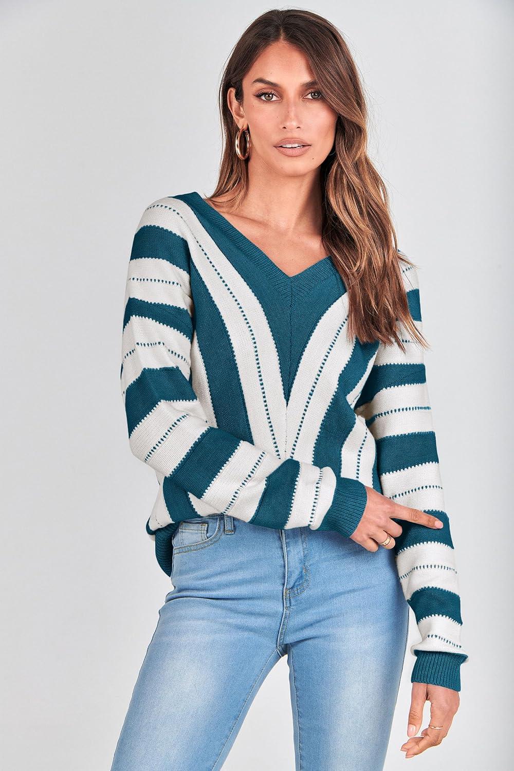 imagePRETTYGARDEN Sweaters for Women 2025 Long Sleeve Striped Knitted V Neck Pullover Jumper Tops Fall Outfits Fashion ClothingStriped Denim Blue