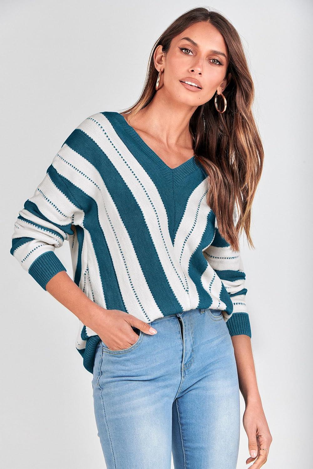 imagePRETTYGARDEN Sweaters for Women 2025 Long Sleeve Striped Knitted V Neck Pullover Jumper Tops Fall Outfits Fashion ClothingStriped Denim Blue
