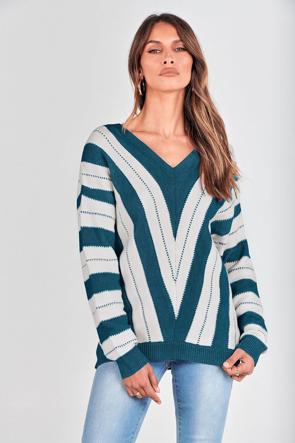 imagePRETTYGARDEN Sweaters for Women 2025 Long Sleeve Striped Knitted V Neck Pullover Jumper Tops Fall Outfits Fashion ClothingStriped Denim Blue