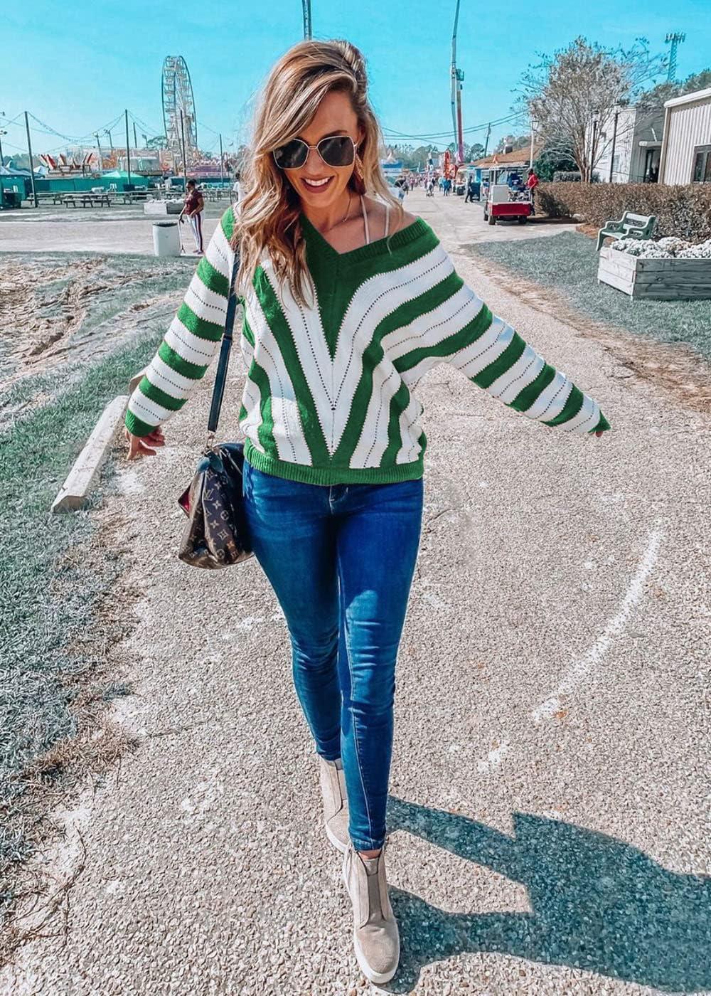imagePRETTYGARDEN Sweaters for Women 2025 Long Sleeve Striped Knitted V Neck Pullover Jumper Tops Fall Outfits Fashion ClothingStriped Green