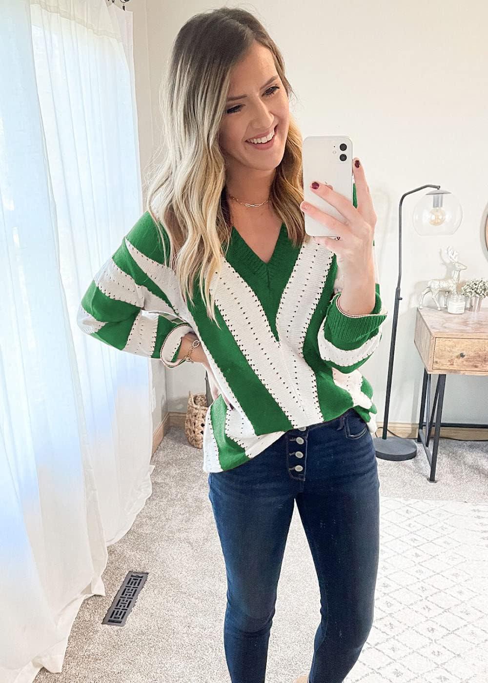 imagePRETTYGARDEN Sweaters for Women 2025 Long Sleeve Striped Knitted V Neck Pullover Jumper Tops Fall Outfits Fashion ClothingStriped Green